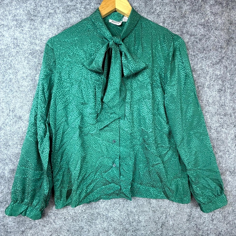Vintage Suburban Secretary Blouse Womens 8P Green Satin Polka Dot Bow Tie Neckโ